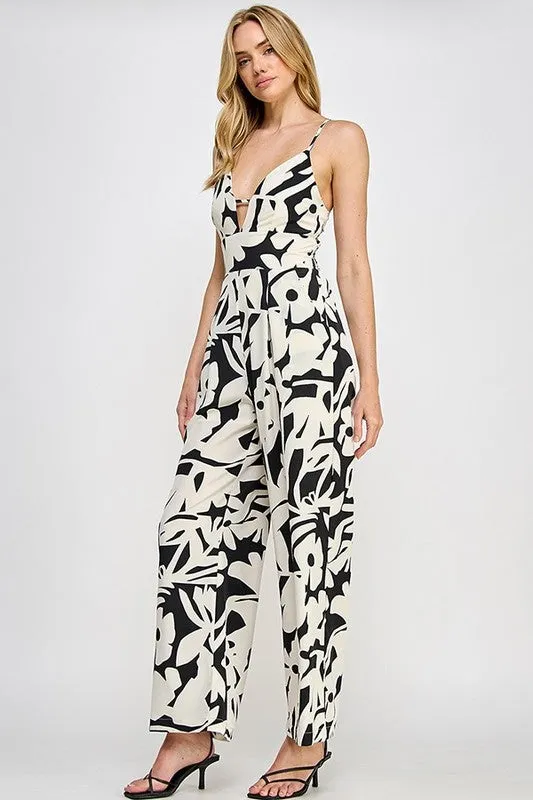 Black Floral Print Wide Leg Jumpsuit